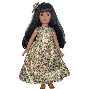Black Hair Doll W/ Golden Floral Dress & Hair Clip 18"